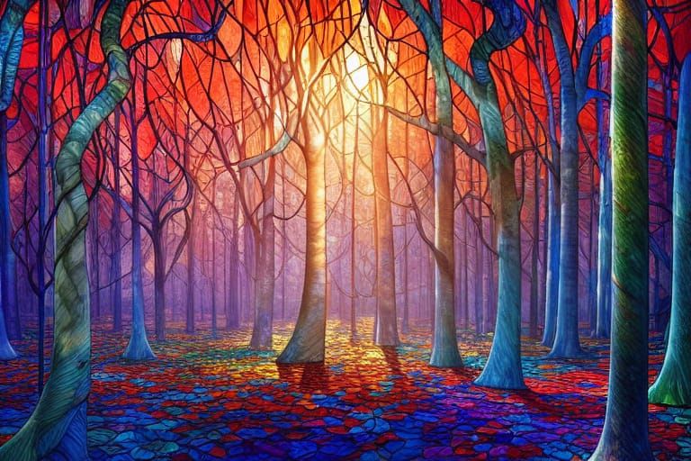 Stained Glass Forest Digital Landscape in Art Nouveau Style