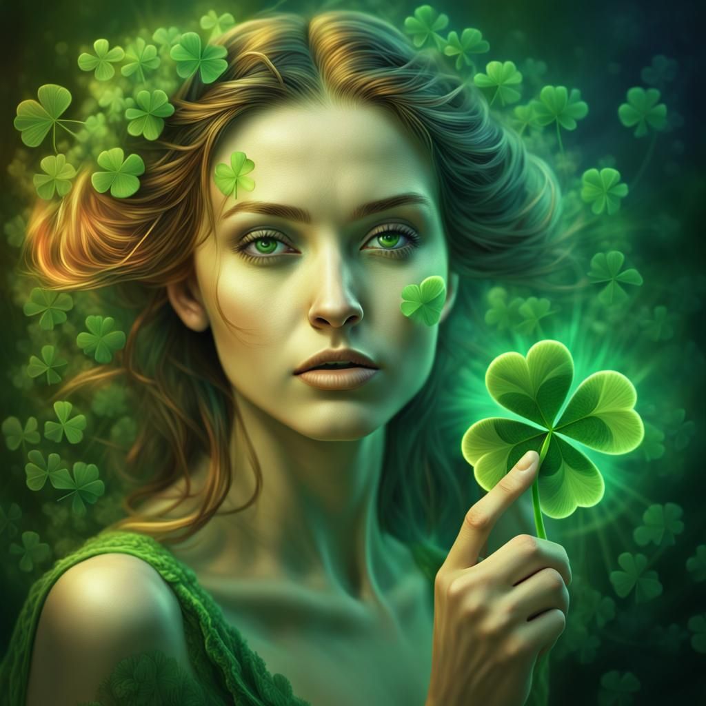 Woman Wishes on Clover in Digital Airbrush Style