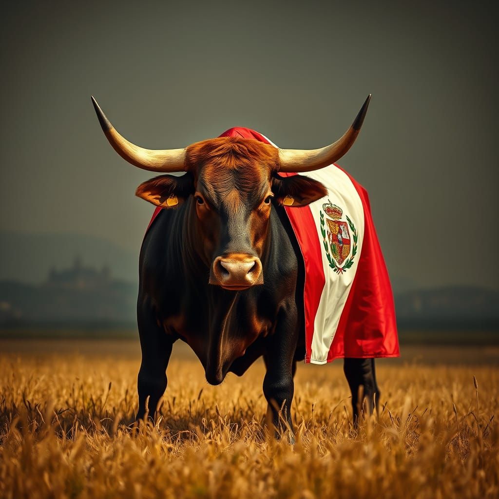 Spanish Fighting Bull in Peruvian Flag Cape