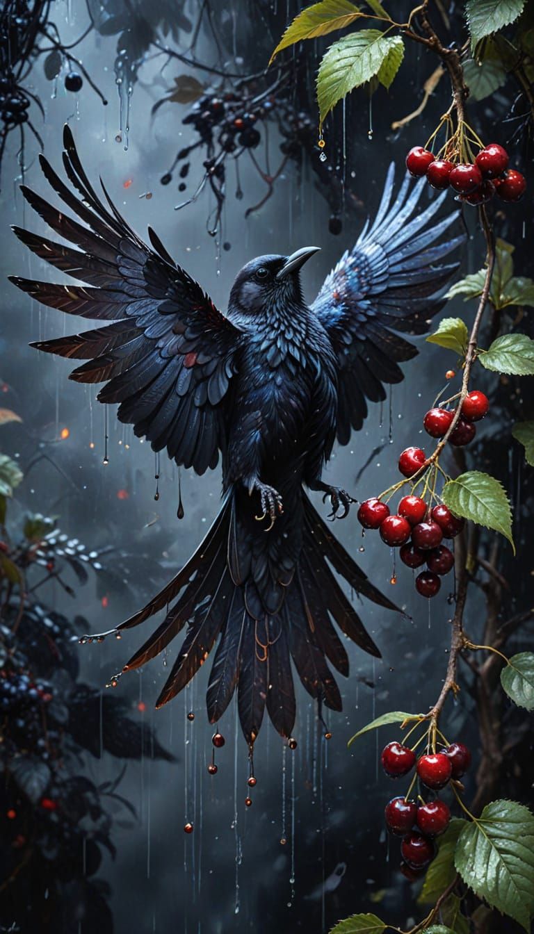 Raven with Shimmering Wings in Dark Botanical Setting