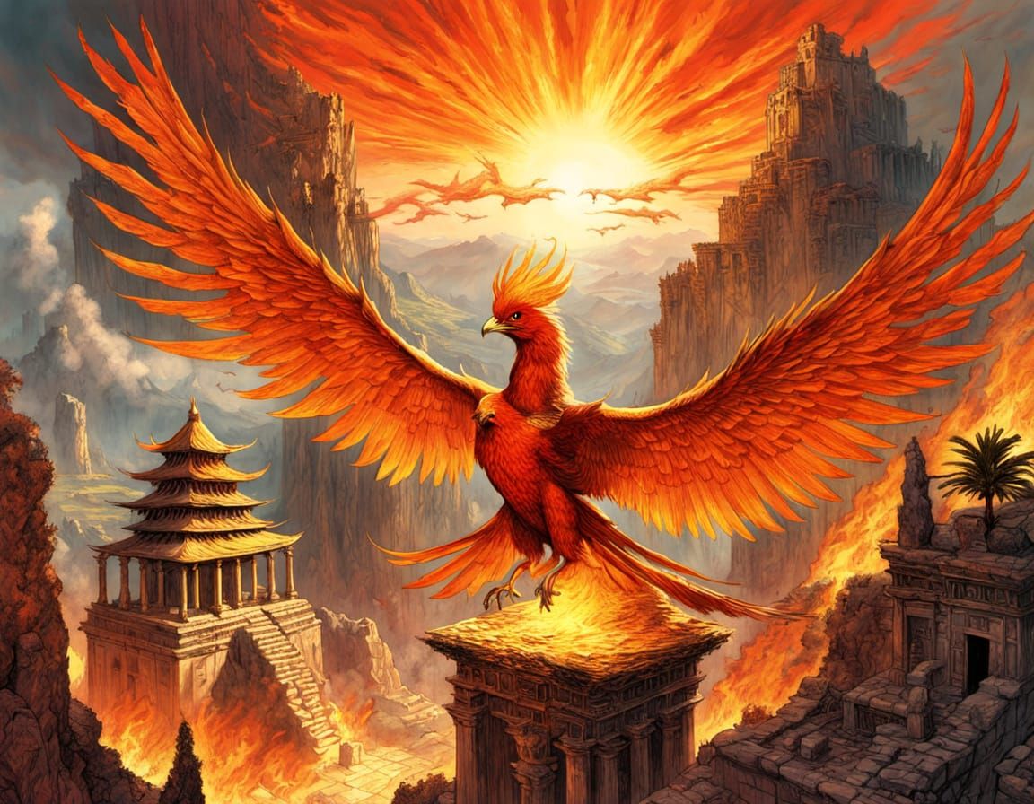 Epic Phoenix Soars Over Ancient Temple in Vibrant Pastel Col...