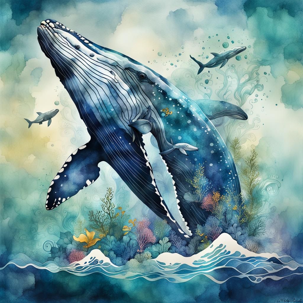 Surreal Watercolor Humpback Whale and Calf in Ocean