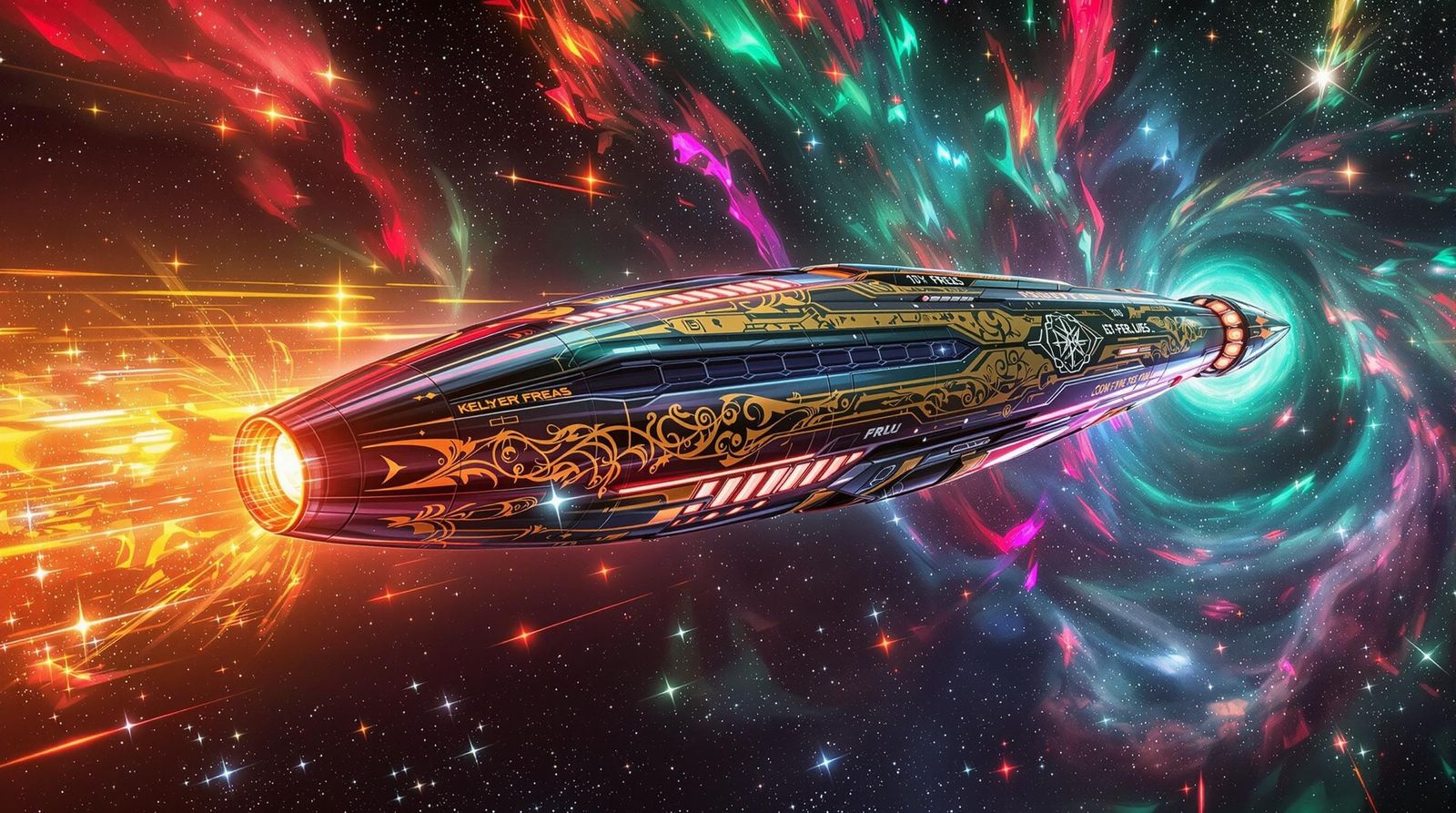 Science Fiction Starship in Cosmic Vortex