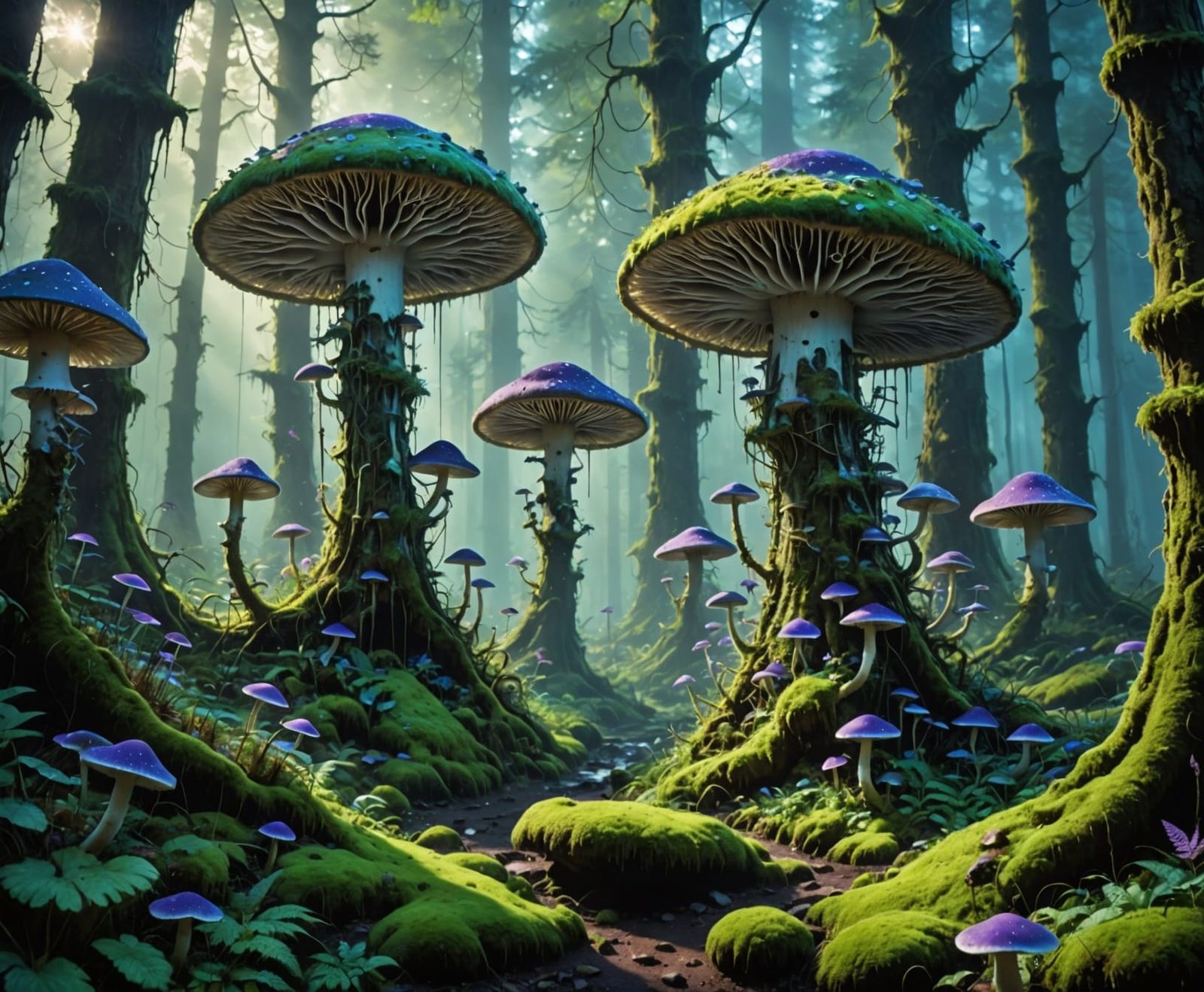 Glowing Fungal Metropolis in Dreamlike Landscape
