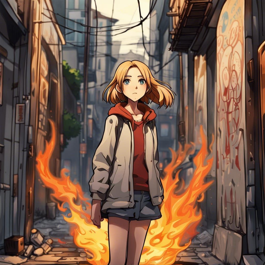 Anime Girl in Burning Street, Miyazaki Style