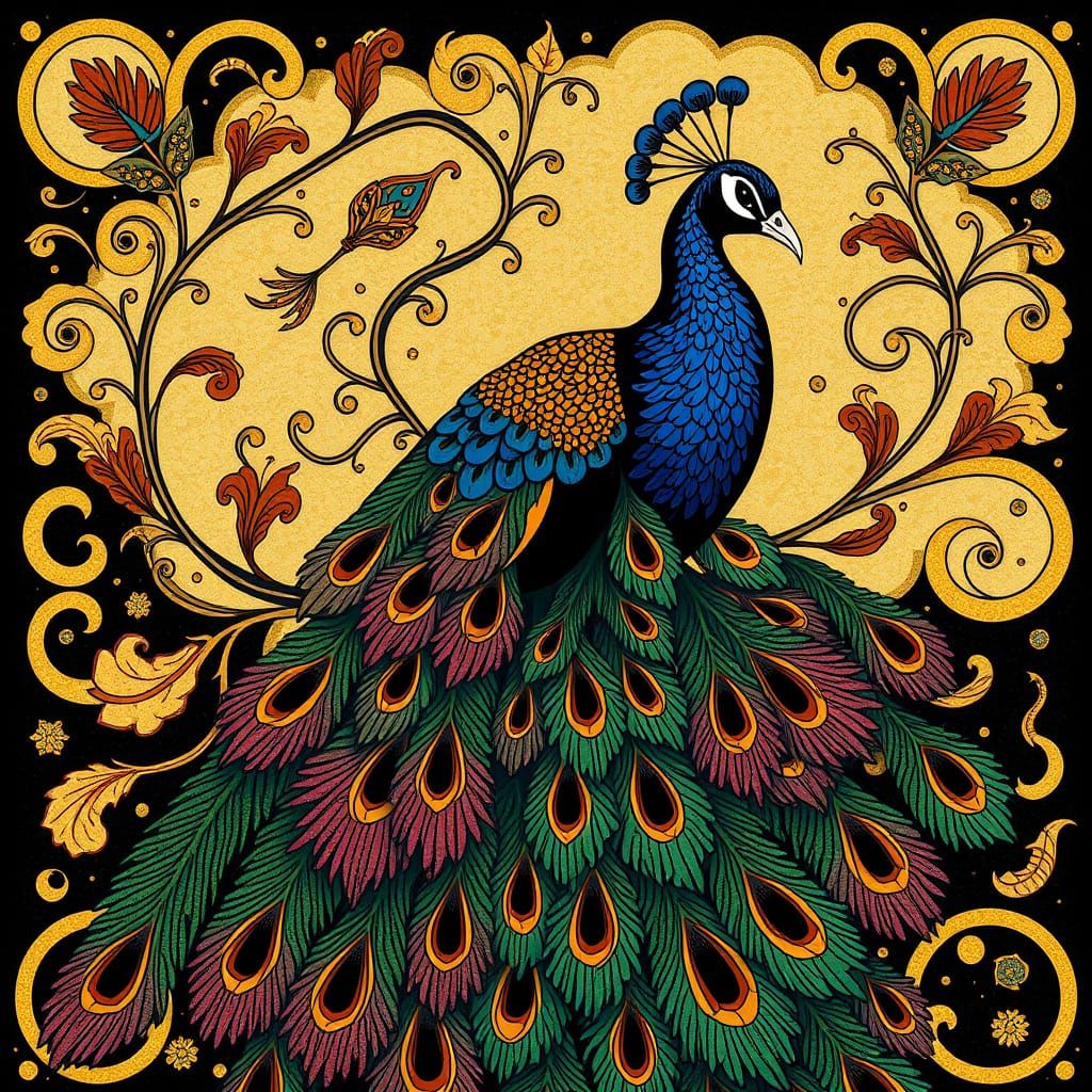 Peacock with Vibrant Feathers in Art Nouveau Style