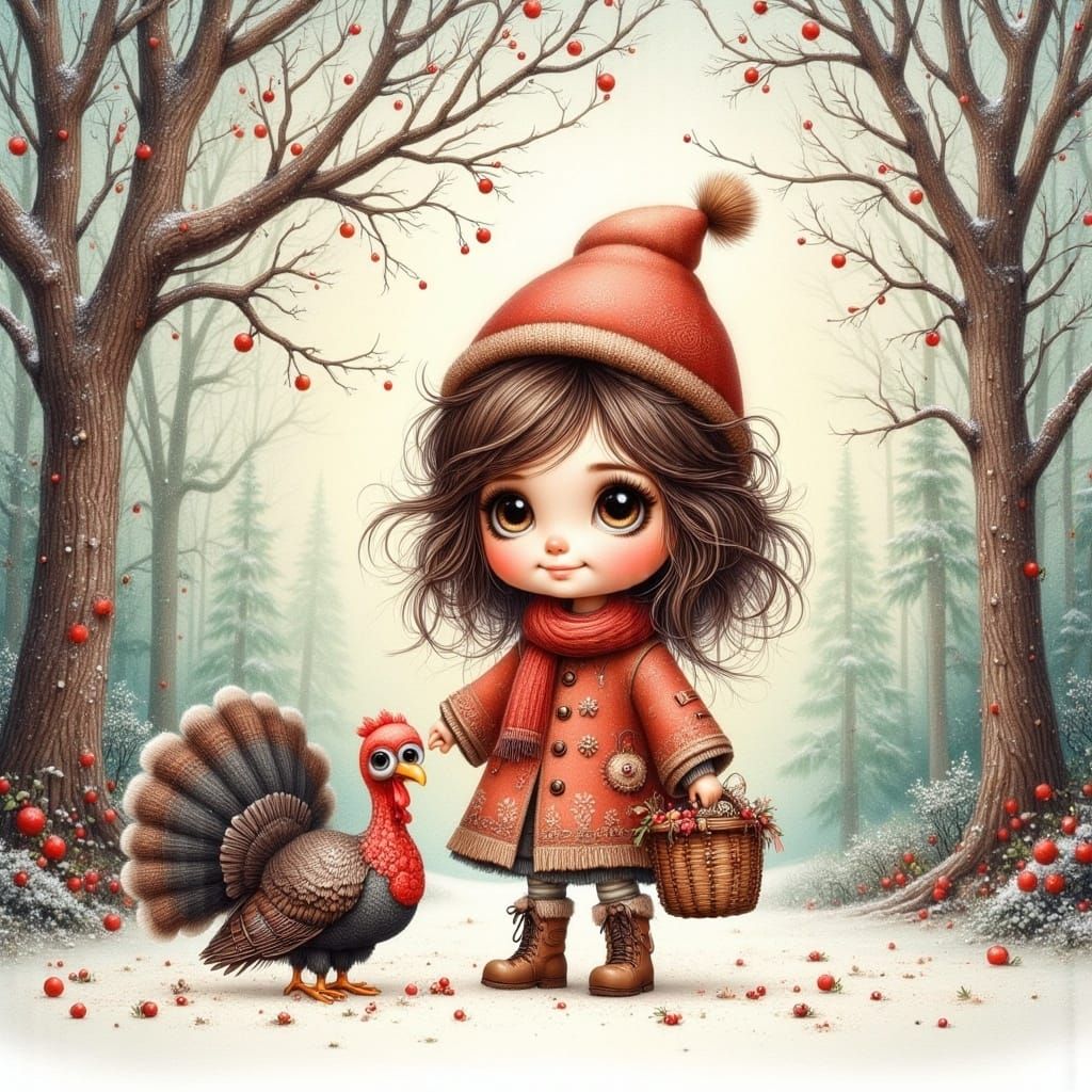 Whimsical Winter Scene of Girl and Turkey in Antique Waterco...