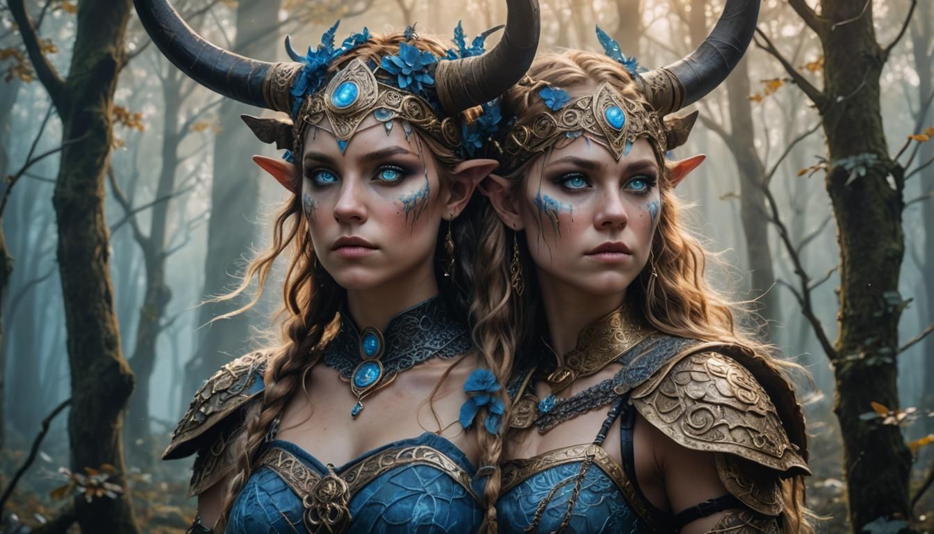 Viking Woman Minotaur Portrait in Mystical Forest