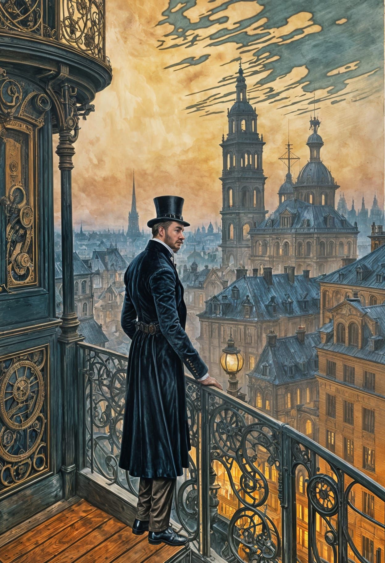 Steampunk Figure Overlooking City in Belle Epoque Style