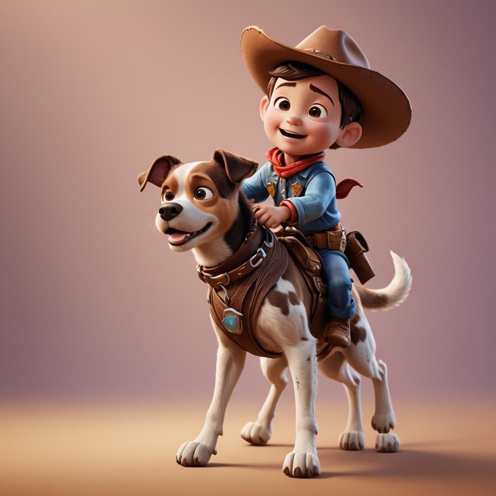Baby Cowboy Riding Dog: Pixar Style 3D Art