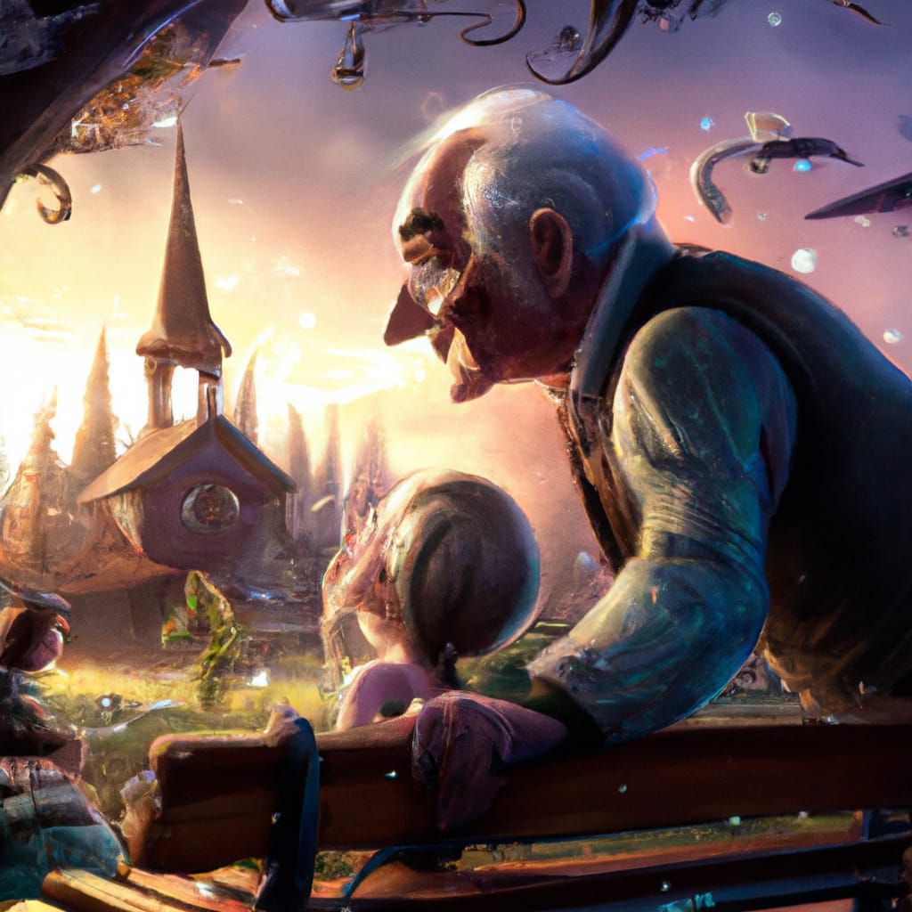Elderly Person and Grandchild: Pixar-Style Matte Painting