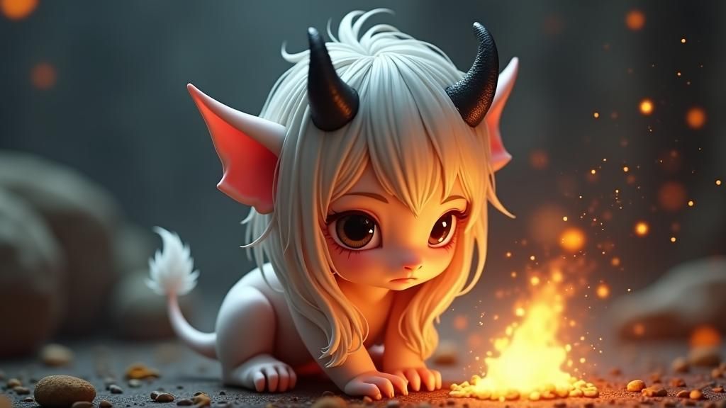 Impish Demon Seeks Warmth: 3D Anime Concept Art