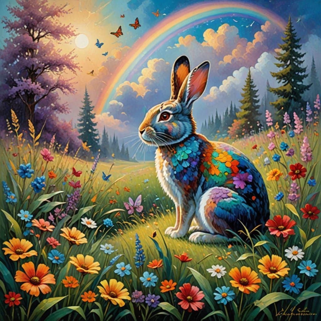 A rabbit sits in a sunny meadow, with a rainbow butterfly on its nose. The background features fluffy clouds and multico...