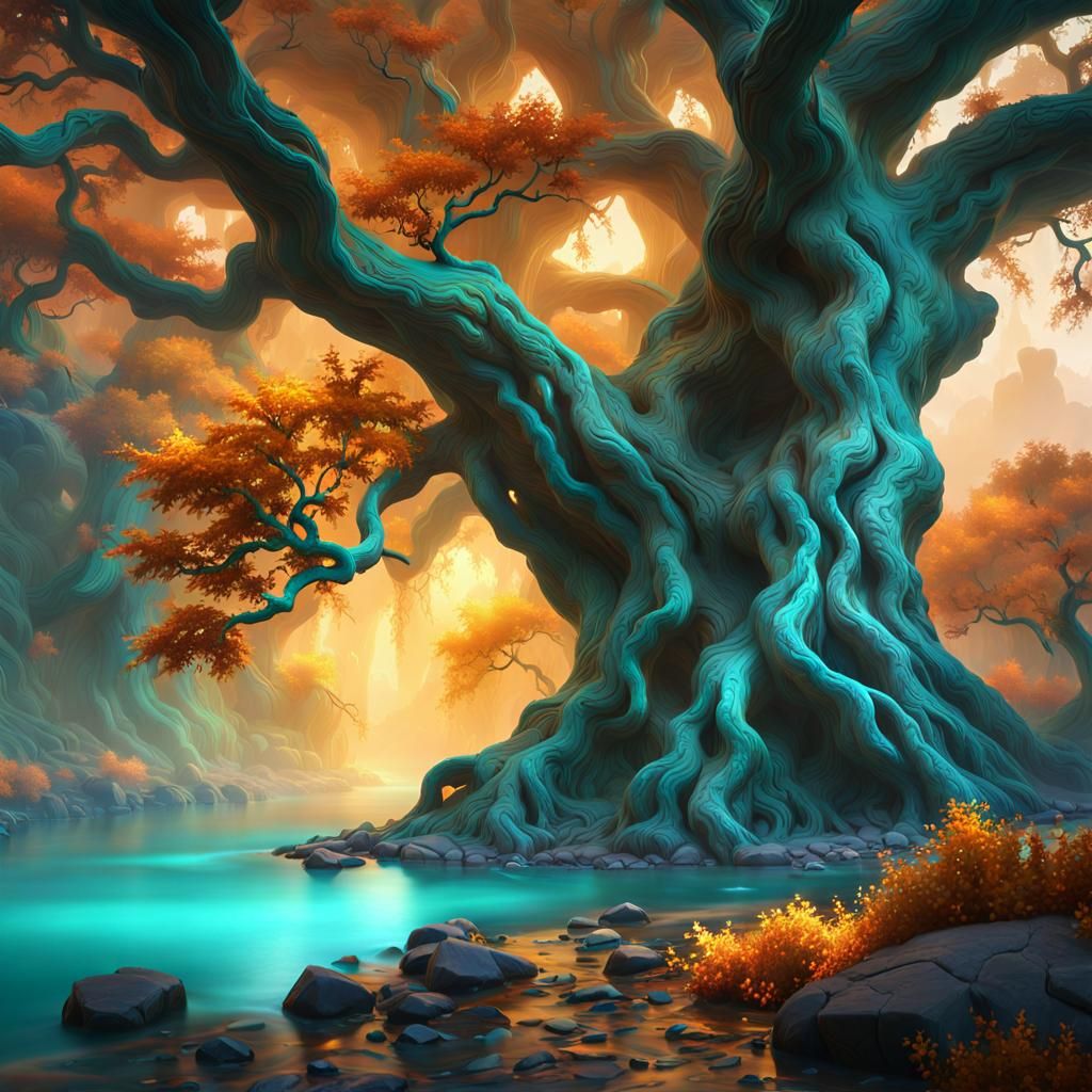 Ethereal Amber and Turquoise Tree in Dreamlike Scene