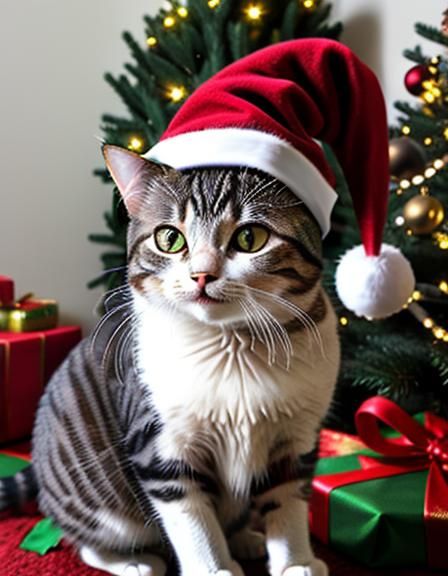 Festive Cat with Christmas Hat Near Tree