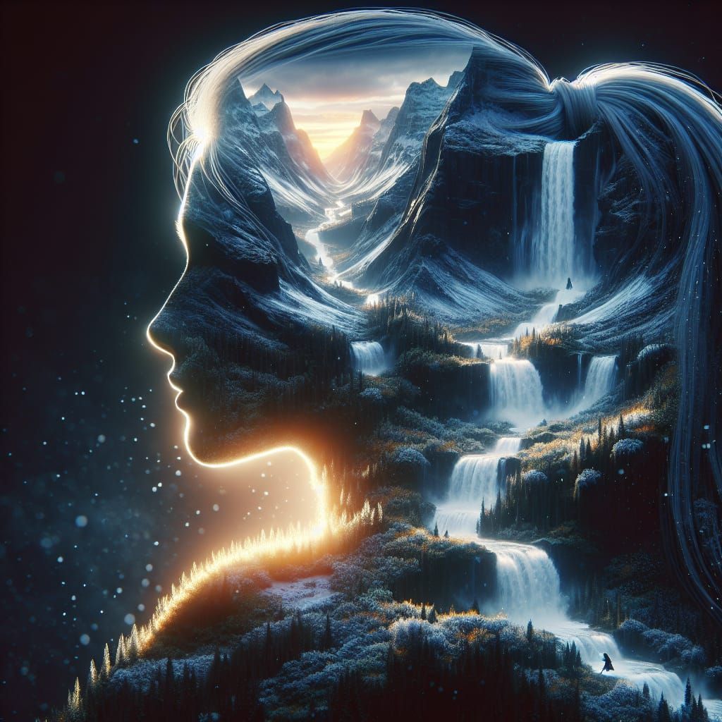 Native American Silhouette with Waterfall Landscape