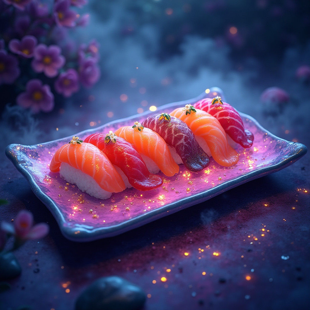 Mystical Glowing Sushi on Iridescent Platter