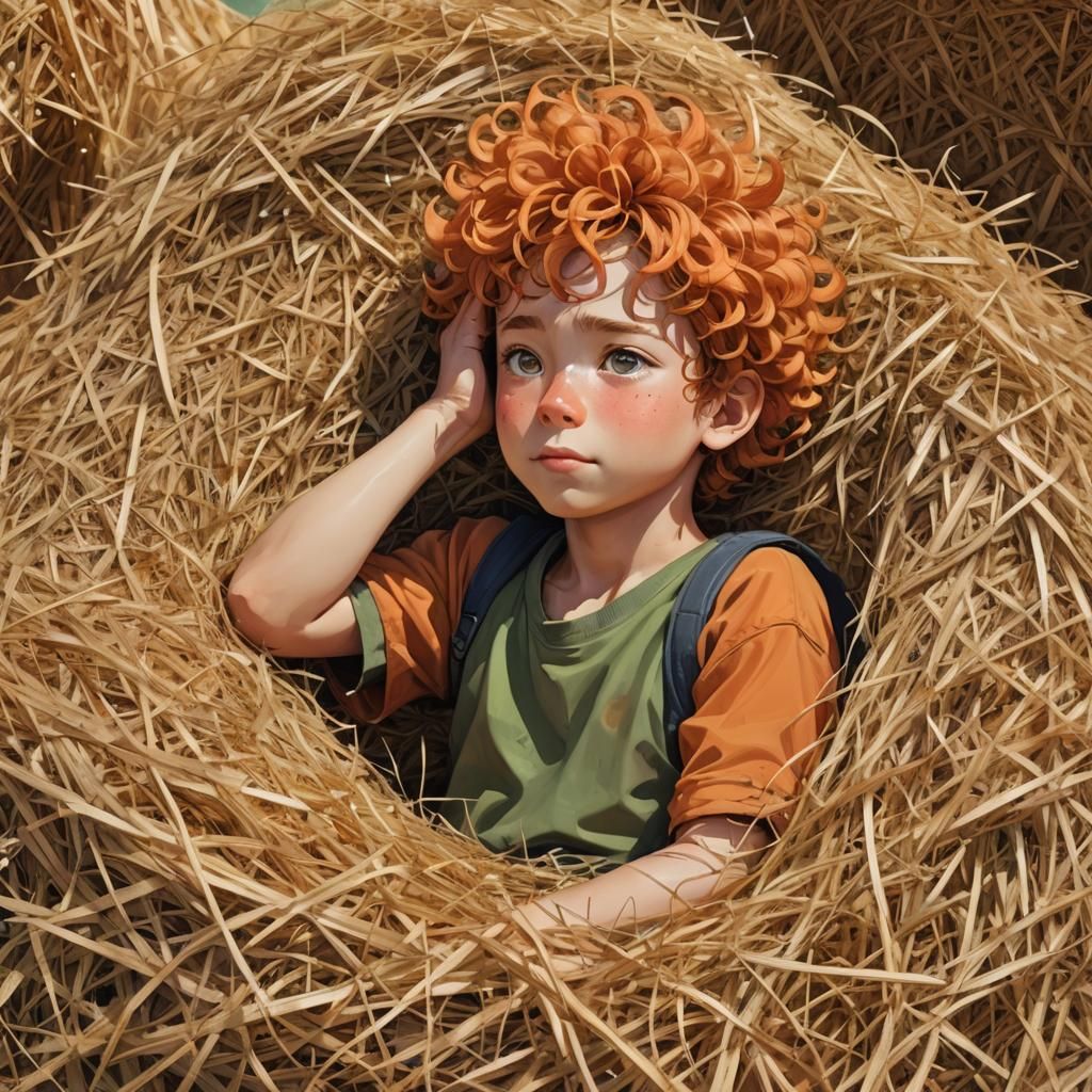 Boy Relaxing in Haystack, Anime Style Digital Art
