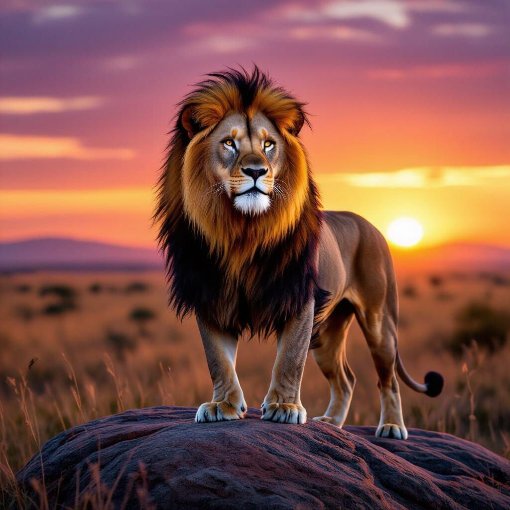 Majestic Lion on Pride Rock at Sunset, Hyperrealistic Style