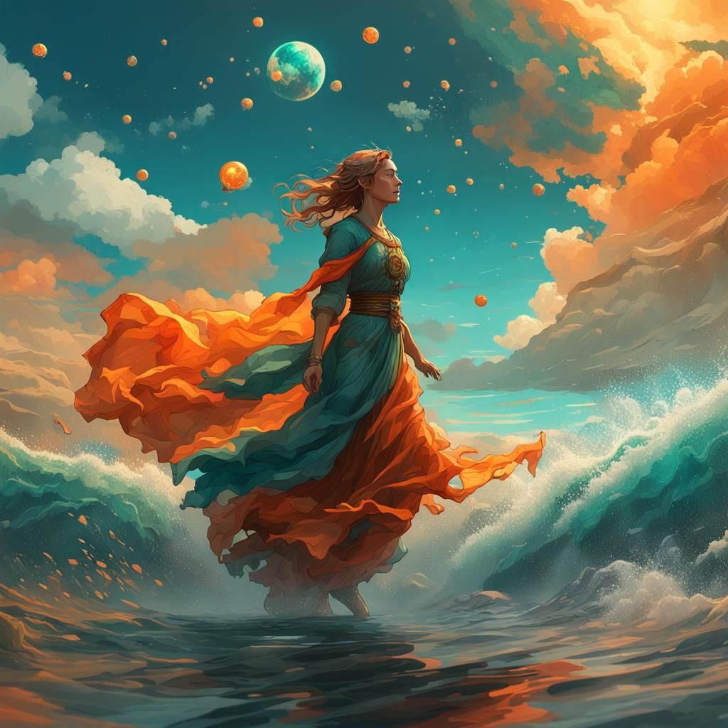 Woman Drifting Under a Colorful Sky, Digital Art