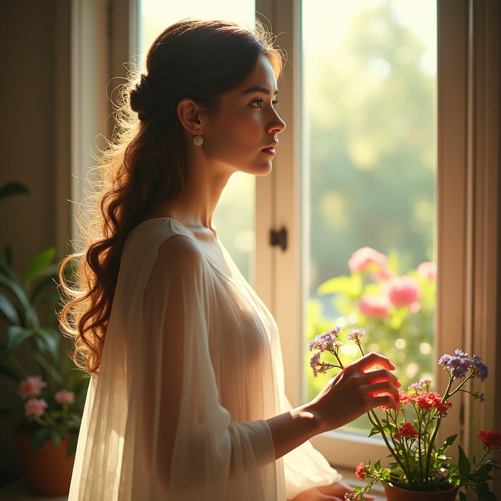 Ethereal Woman in Sunlit Gown by Window