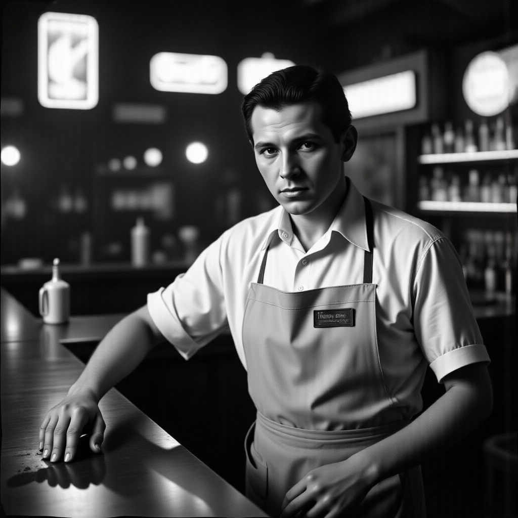 Worn Bartender in Classic Film Noir Style