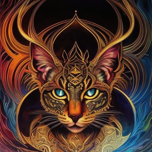 Golden Celestial Cat God in Inkpunk Style