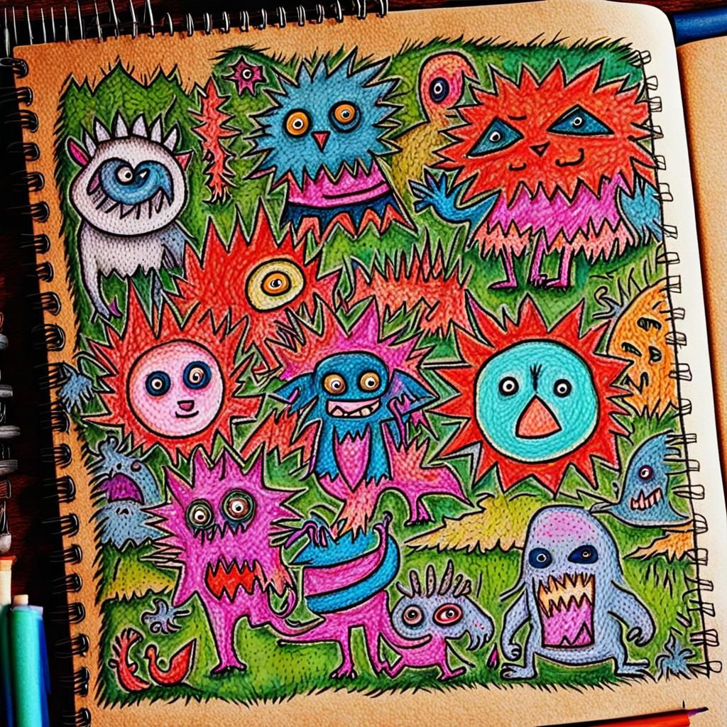 Un gribouillage de personnages et de monstres sur une page de cahier. Lumière naturelle filtrée à travers les feuilles d...