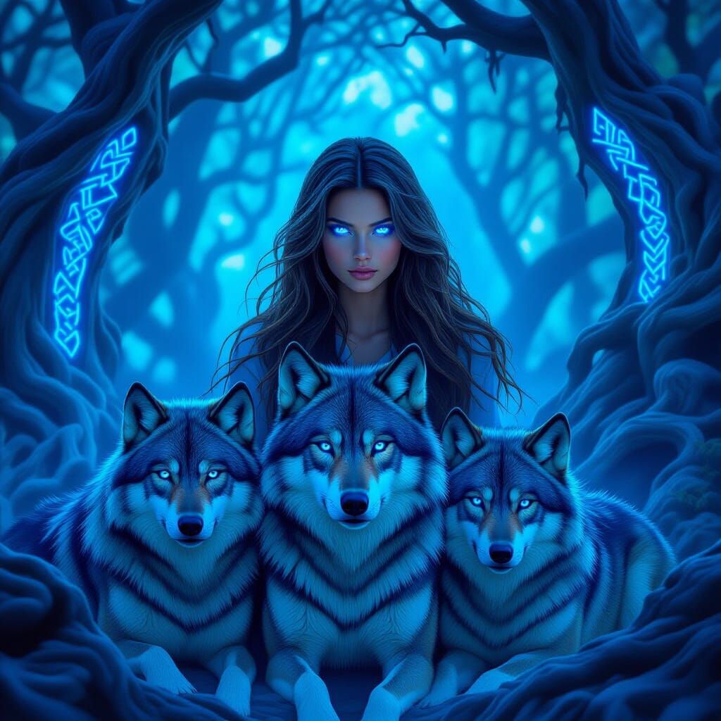 Woman and Dire Wolves in Magical Forest