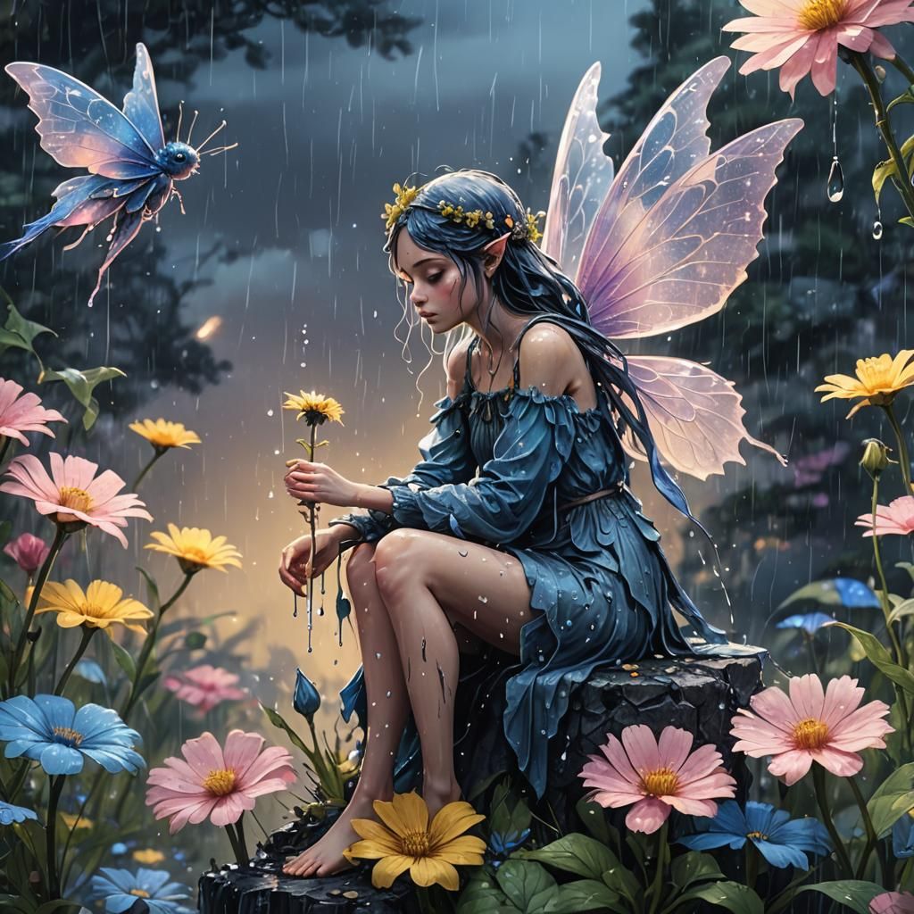 Sad Fairy in Rain, Ink Drawing Style