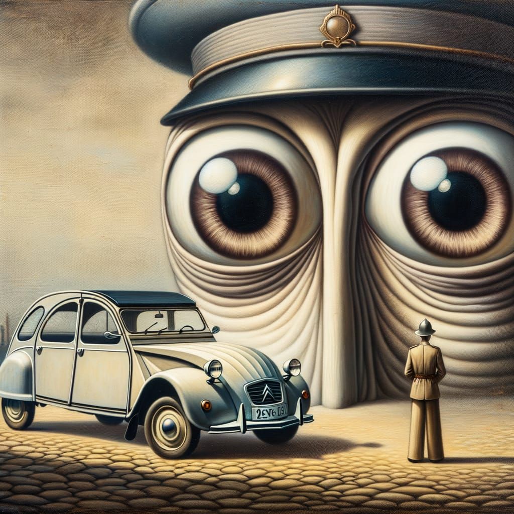Surreal Gendarme Gazing at a Vintage Citroen