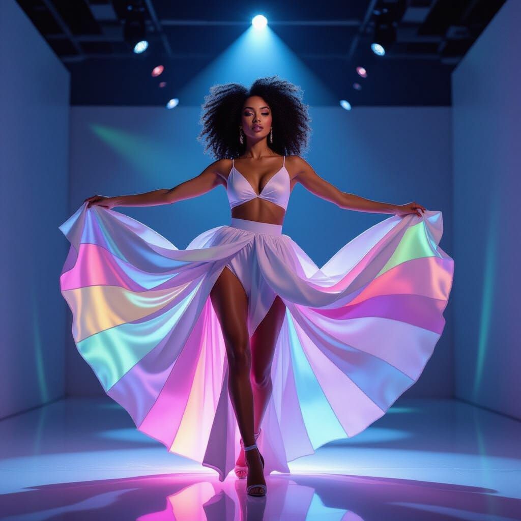 Woman's LCD Fabric Dance: Digital Art in Vivid Colors