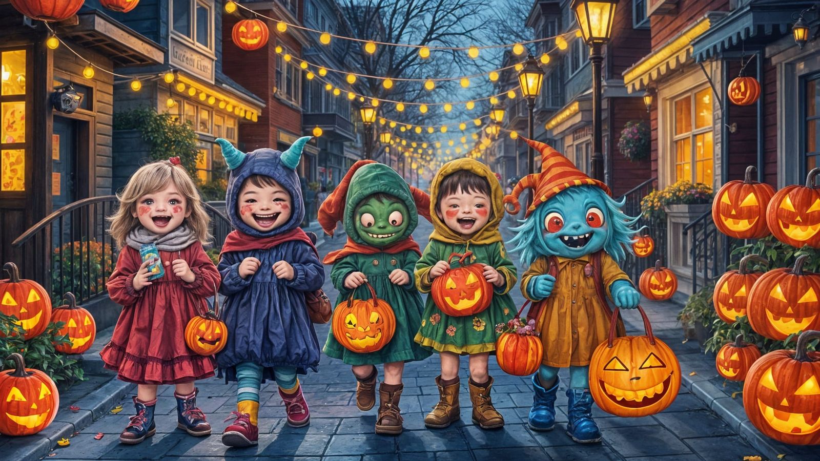 Kids Trick-or-Treating on a Lit Halloween Night