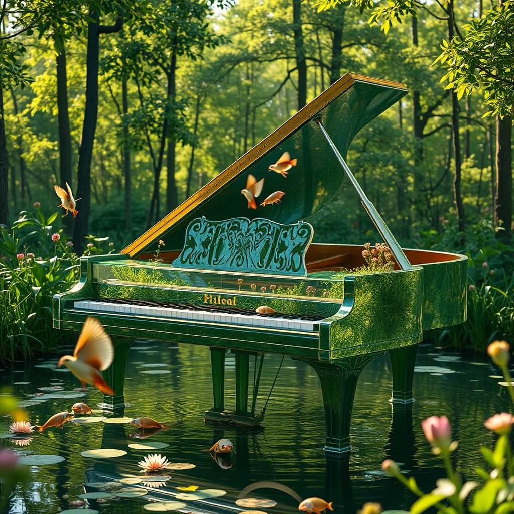 Surreal Glass Aquarium Piano Filled with Colorful Fish and B...