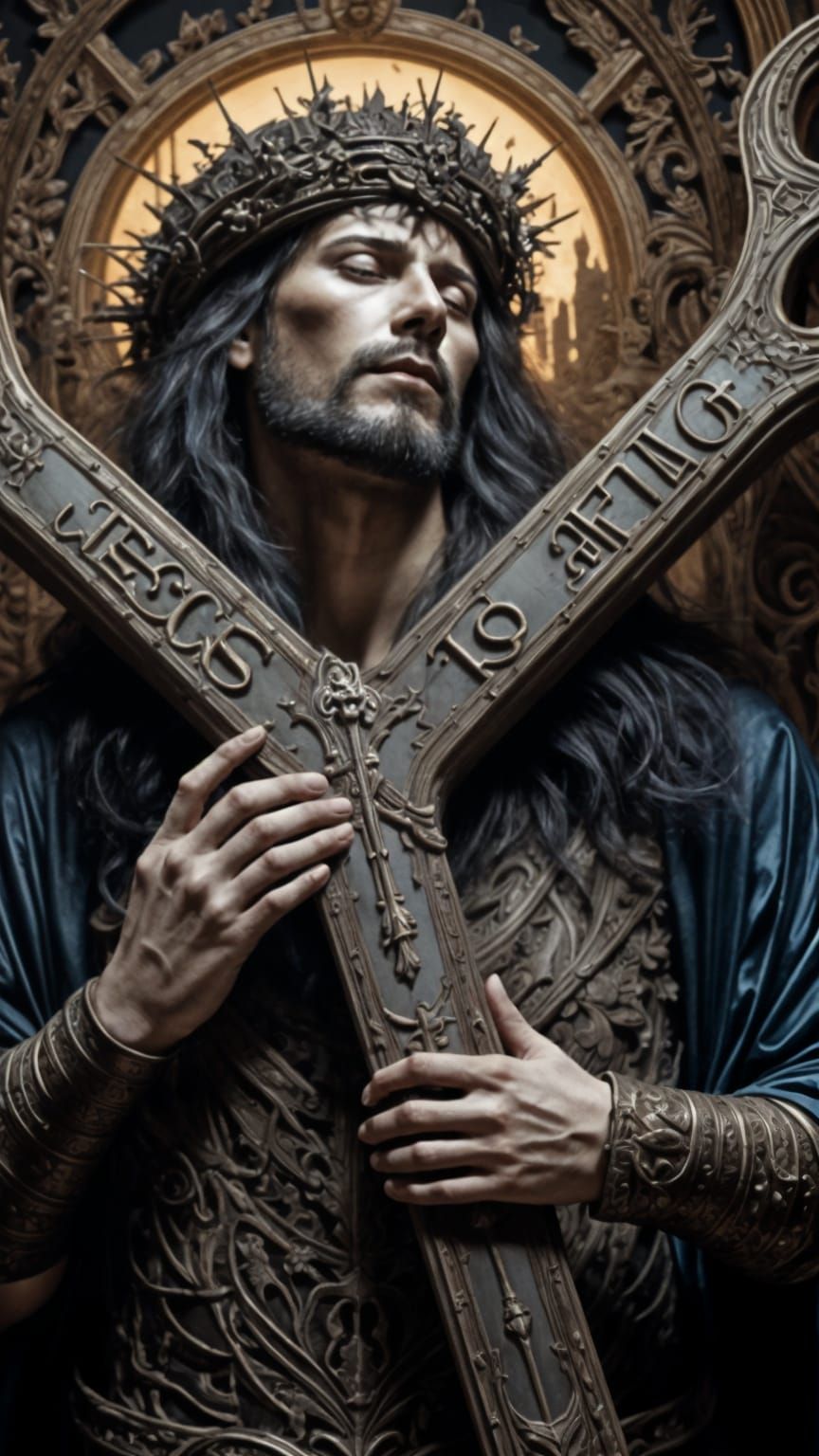 <lora:Goth SLR:1.0> Heavy Metalcore concept art. Close-up. Jesus wearing a crown of thorns, holding a heavy metal-inspir...