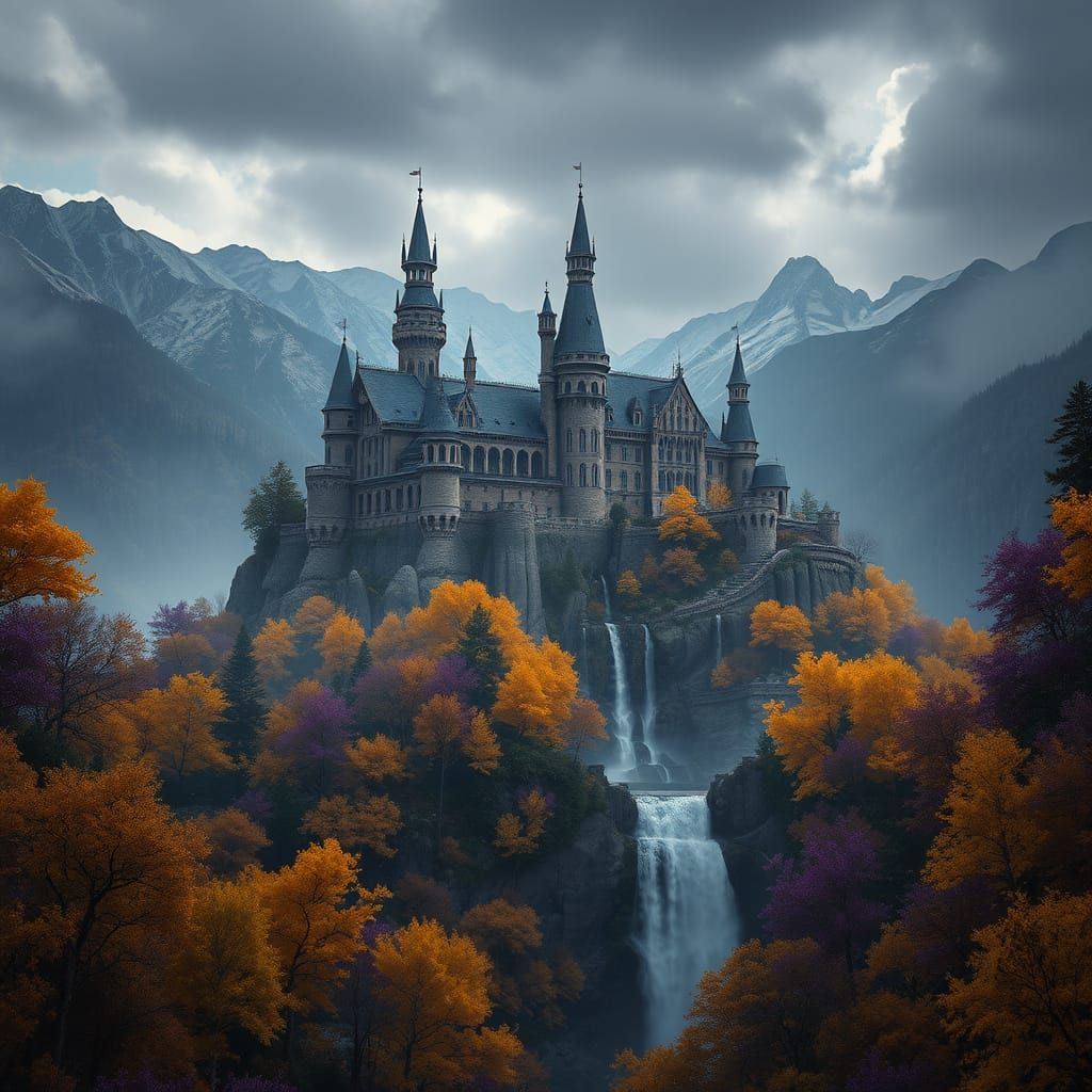 Majestic Mountain Castle with Waterfall in Autumn Splendor
