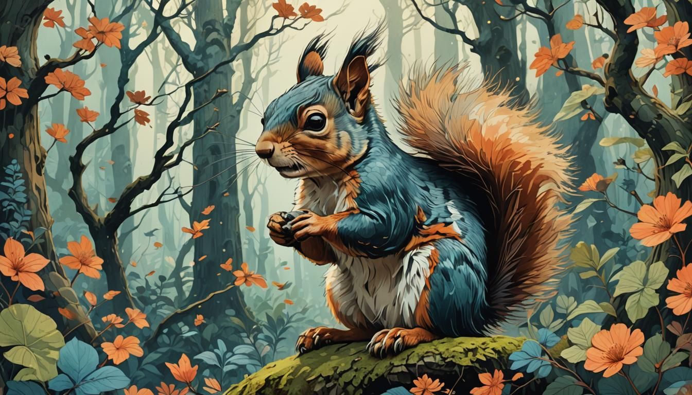 Squirrel in Enchanted Forest Illustration