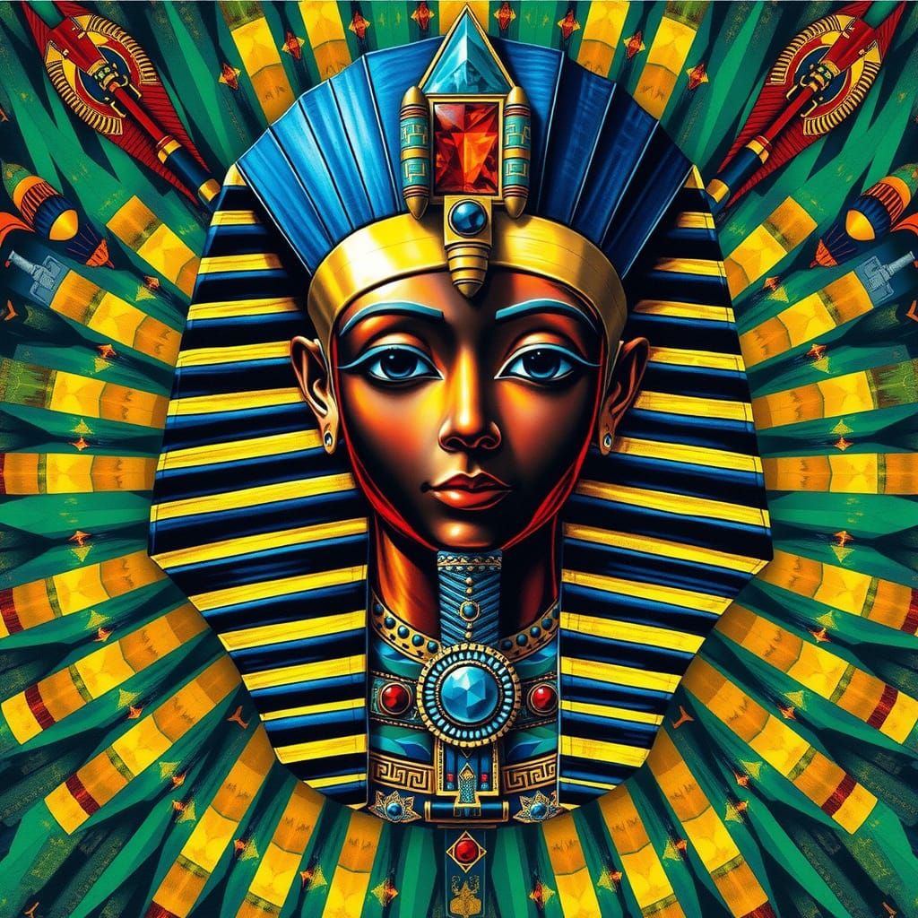 Cubistic jeweled nefrititi mask with the pyramid eye and oth...