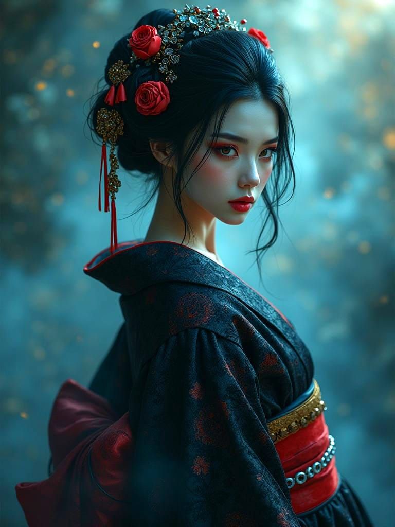 Ethereal Emo Goth Geisha in Dreamlike Splendor