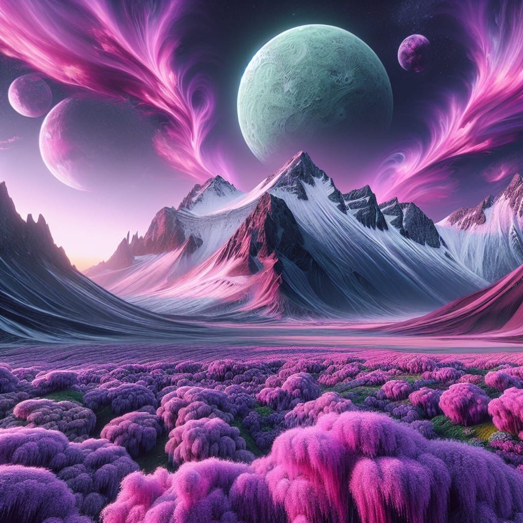 Exotic Alien Mountain Landscape with Green Moon
