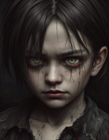 Evil Teddy and Child in Grunge Oil Painting