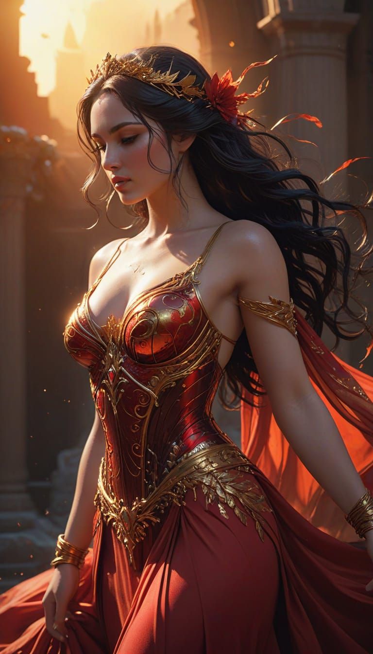 Goddess of Elegance in Crimson Red Gown