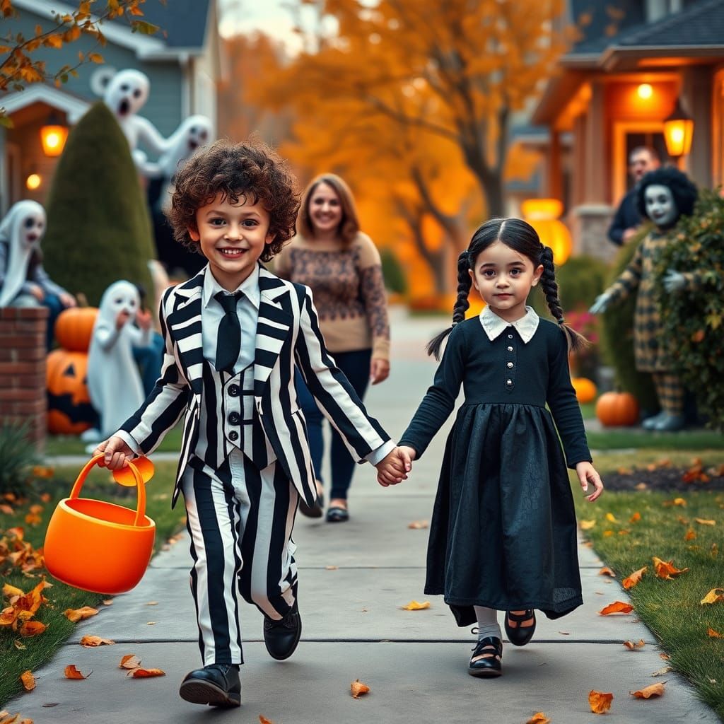 A cute, adorable, five year old boy dressed as beetlejuice i...