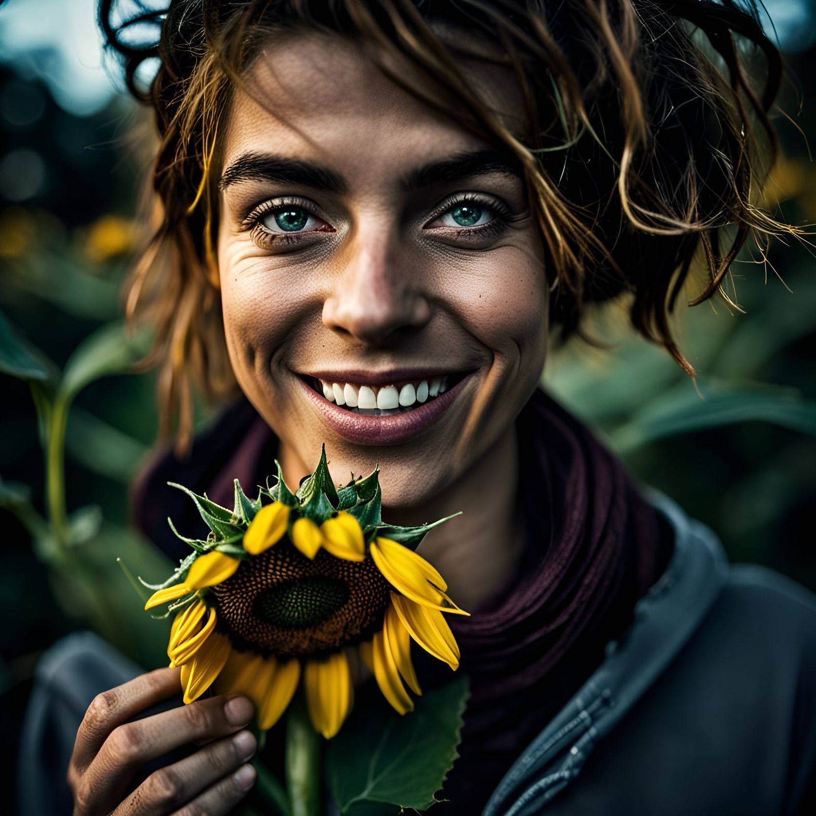Smiling Woman with Sunflower Portrait