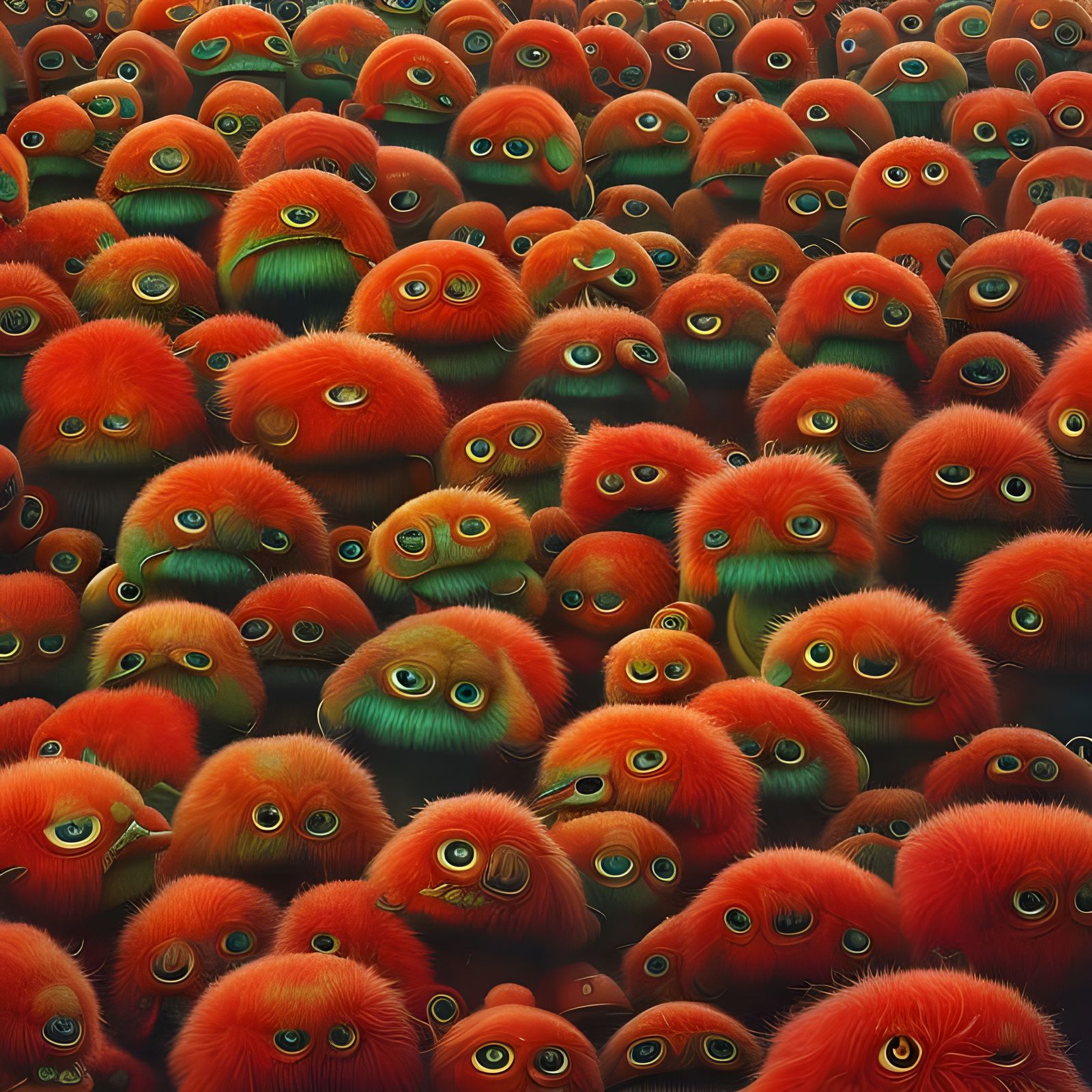 Hyperdetailed Fluffy Red Aliens in Mixed Media Style
