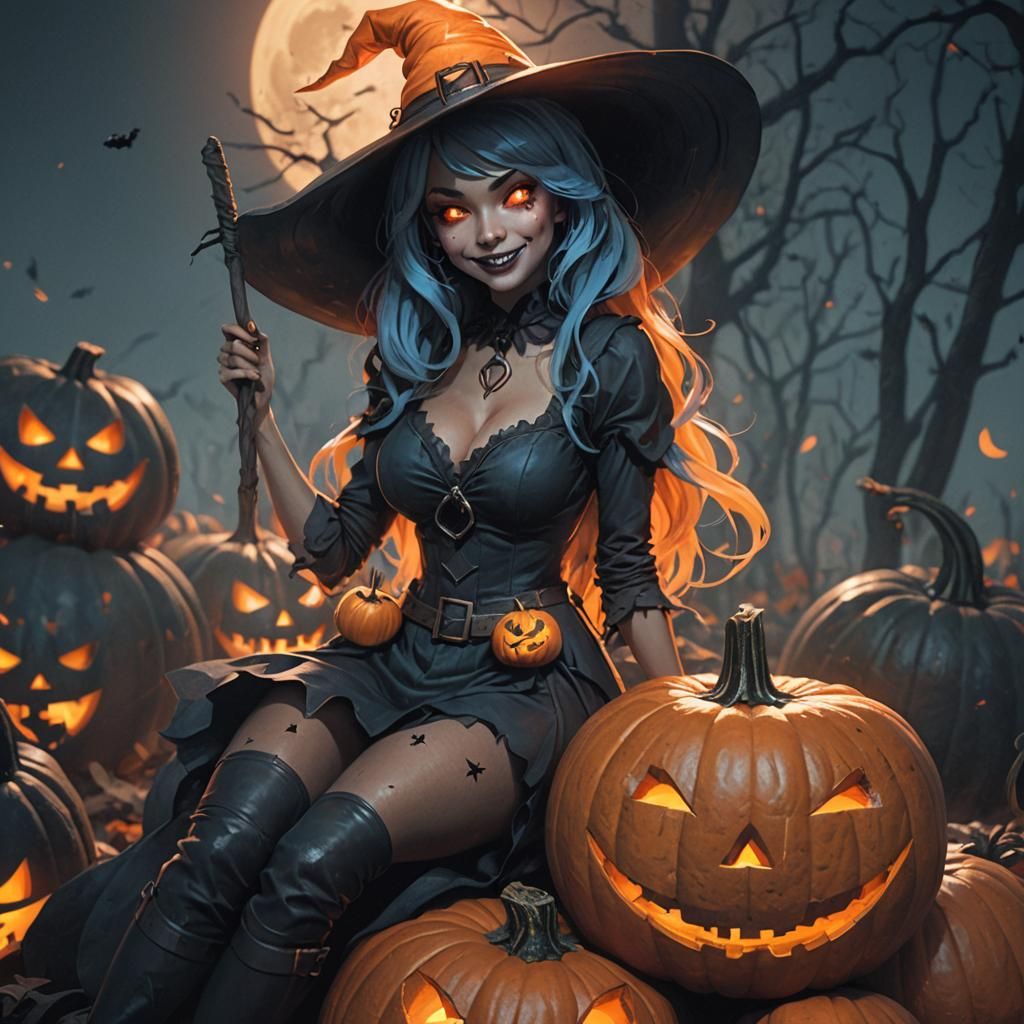 Halloween Witch Girl on Sinister Pumpkin, Dark Fantasy Art