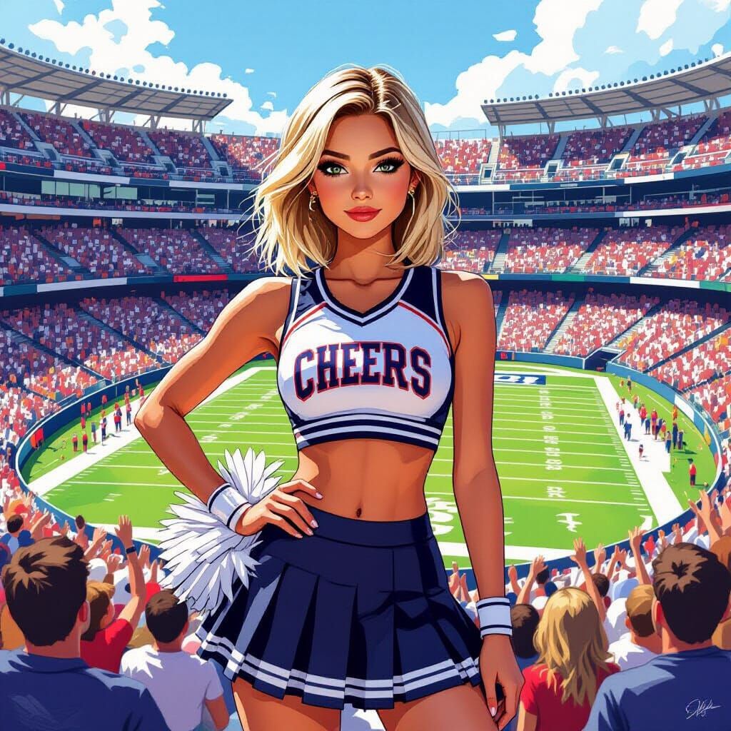 Cheerleader in Stadium Crowd, Modern Illustration