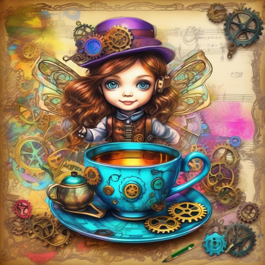 Vivid colors steampunk tea time , gears, kid's crayon ,penci...