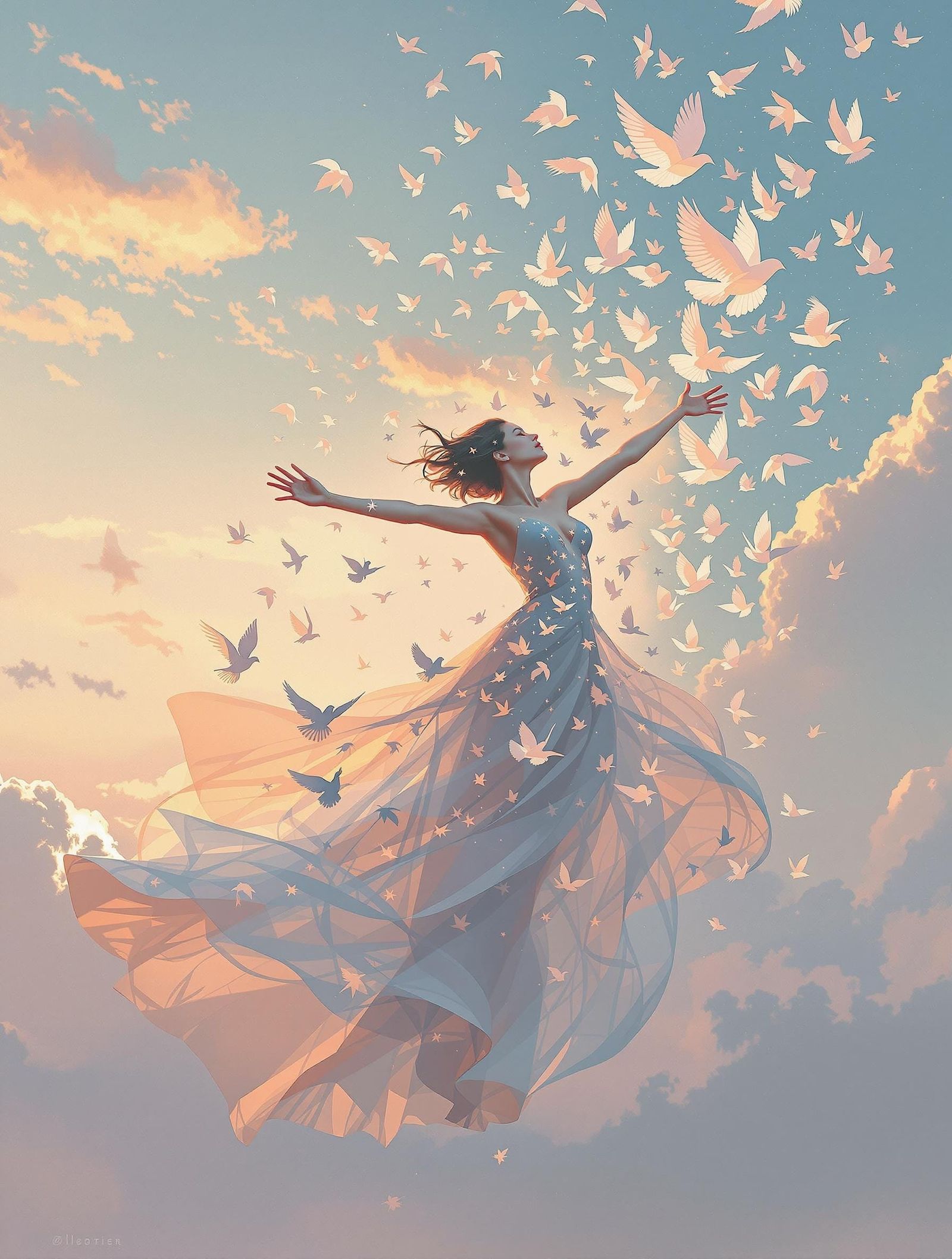 Ethereal Woman Transforms into Free-Flying Birds in Whimsica...