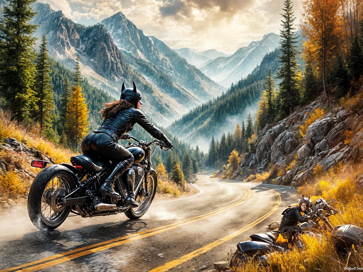 Batgirl Riding a Harley Through the Mountains in Impressioni...